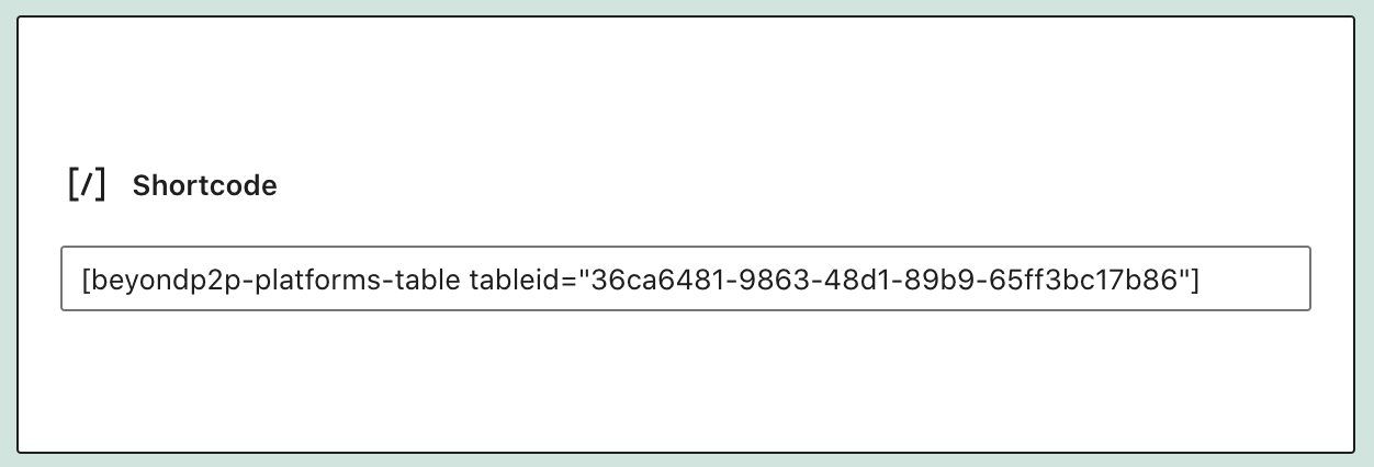 platforms table shortcode in wordpress admin screenshot